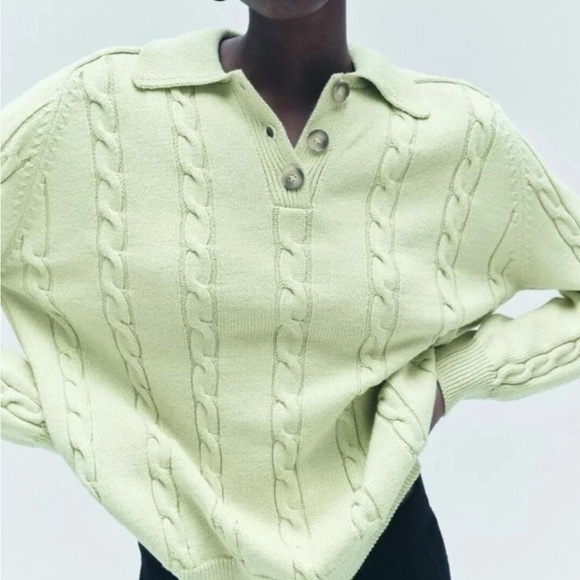 Zara Sweaters - NWT Zara light lime green classic Cable knit collared sweater small pullover